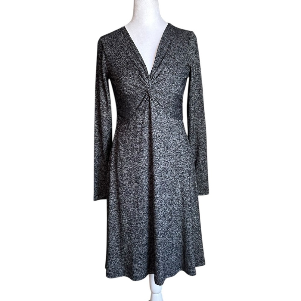Loft Black Gray Long Sleeve Front Twist Midi Flowy Dress Size S